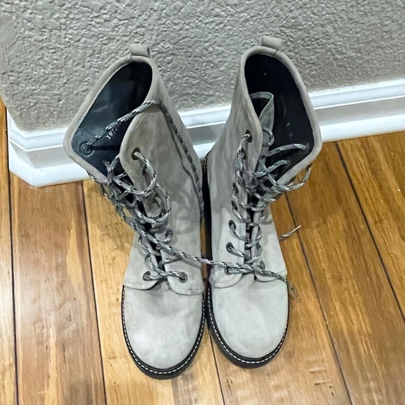 Stuart Weitzman METERMAID LACE-UP SUEDE BOOTS, Taupe - Picture 4 of 7